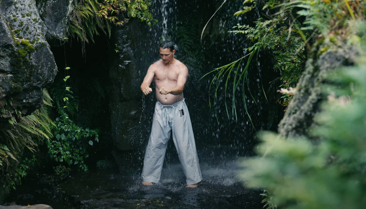 Waterfall meditation practice in natural mountain setting